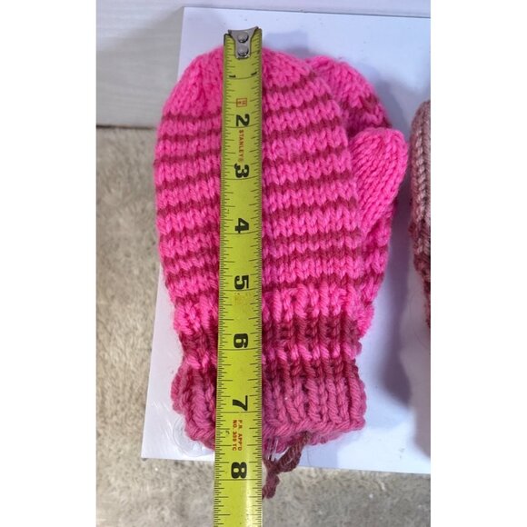 Hand Knitted Mittens Kids Pink Striped Mittens 7.5" Long 2 Pairs Winter - Picture 2 of 3